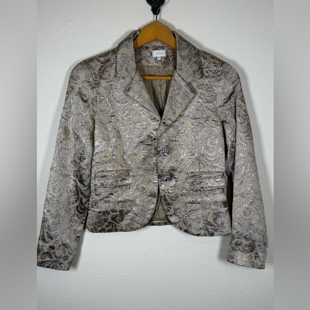 Ruth Metallic Jacquard Tan Gold Jacket Vintage Silk Lined Sz 2